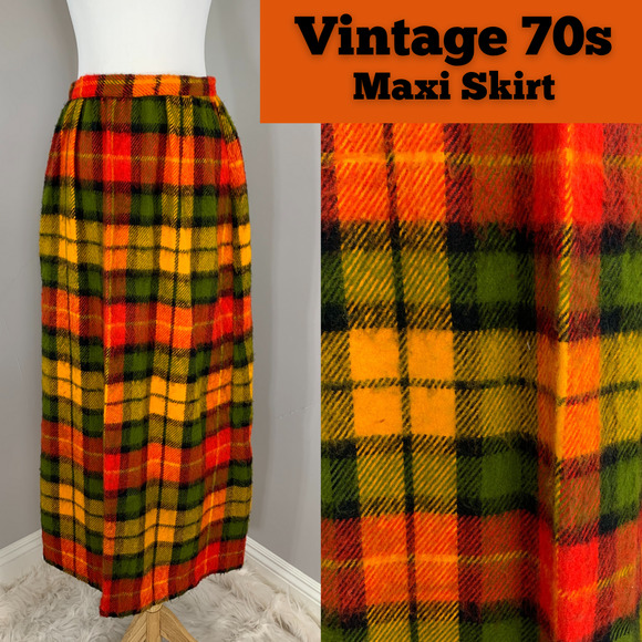 Vintage 70s Maxi Skirt Buffalo Check Plaid Tartan Fall Winter Grunge Punk Indie - Picture 1 of 12